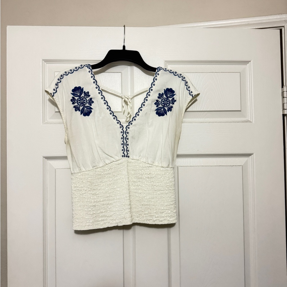 Old Navy White Blouse with Blue Embroidery